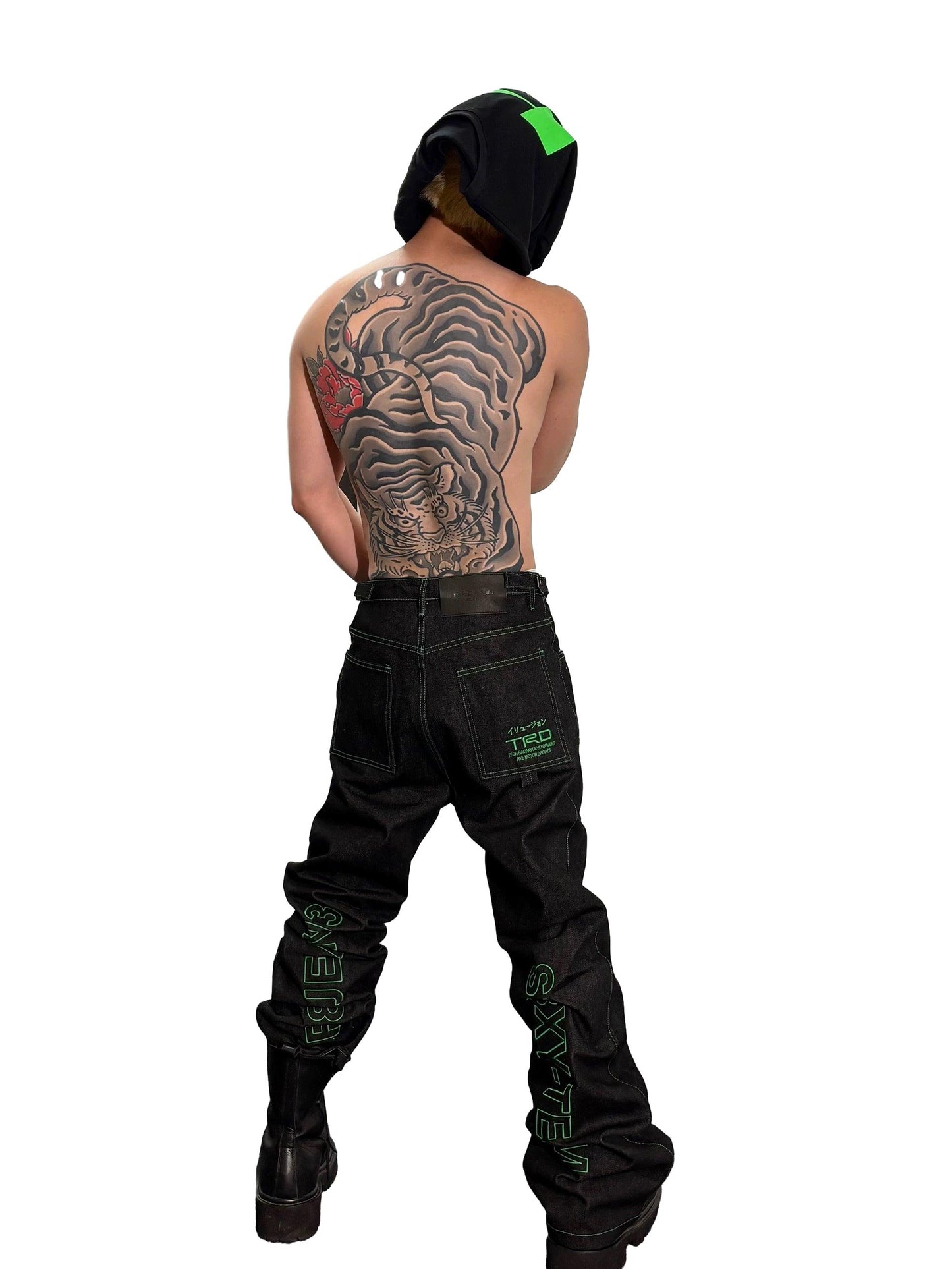 *RYECHASIN EMBROIDERED UNSLICKED RAW COLOR RAW DENIM TROUSERS