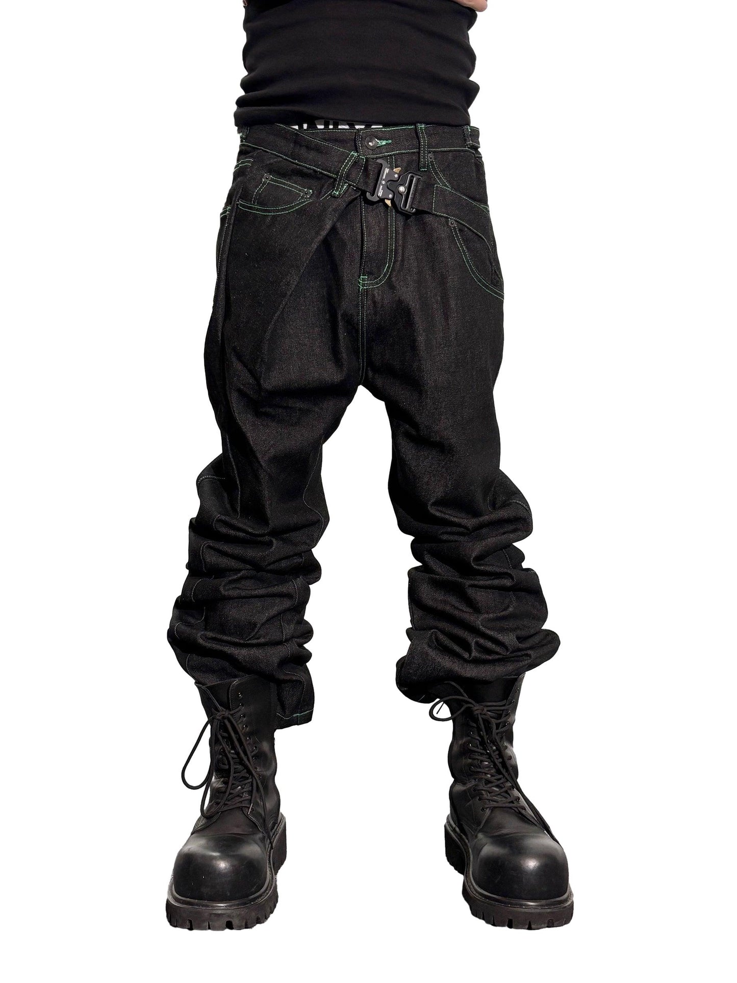 *RYECHASIN EMBROIDERED UNSLICKED RAW COLOR RAW DENIM TROUSERS