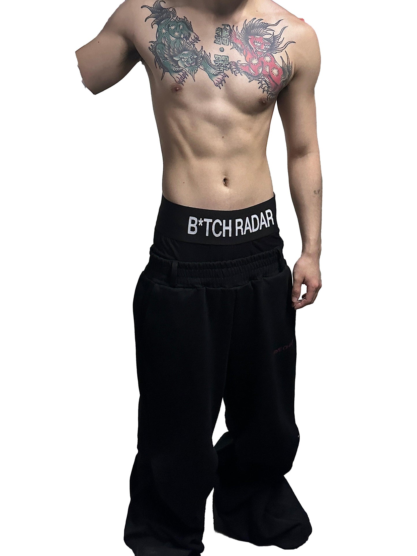 *RYECHASIN BLCK WIDE ELASTICIZED SKINNY WAIST FLARED SWEATPANTS