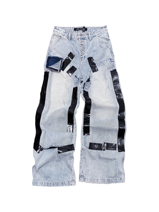 *RYE CHASIN *Heavily distressed, duct-taped washed denim jeans