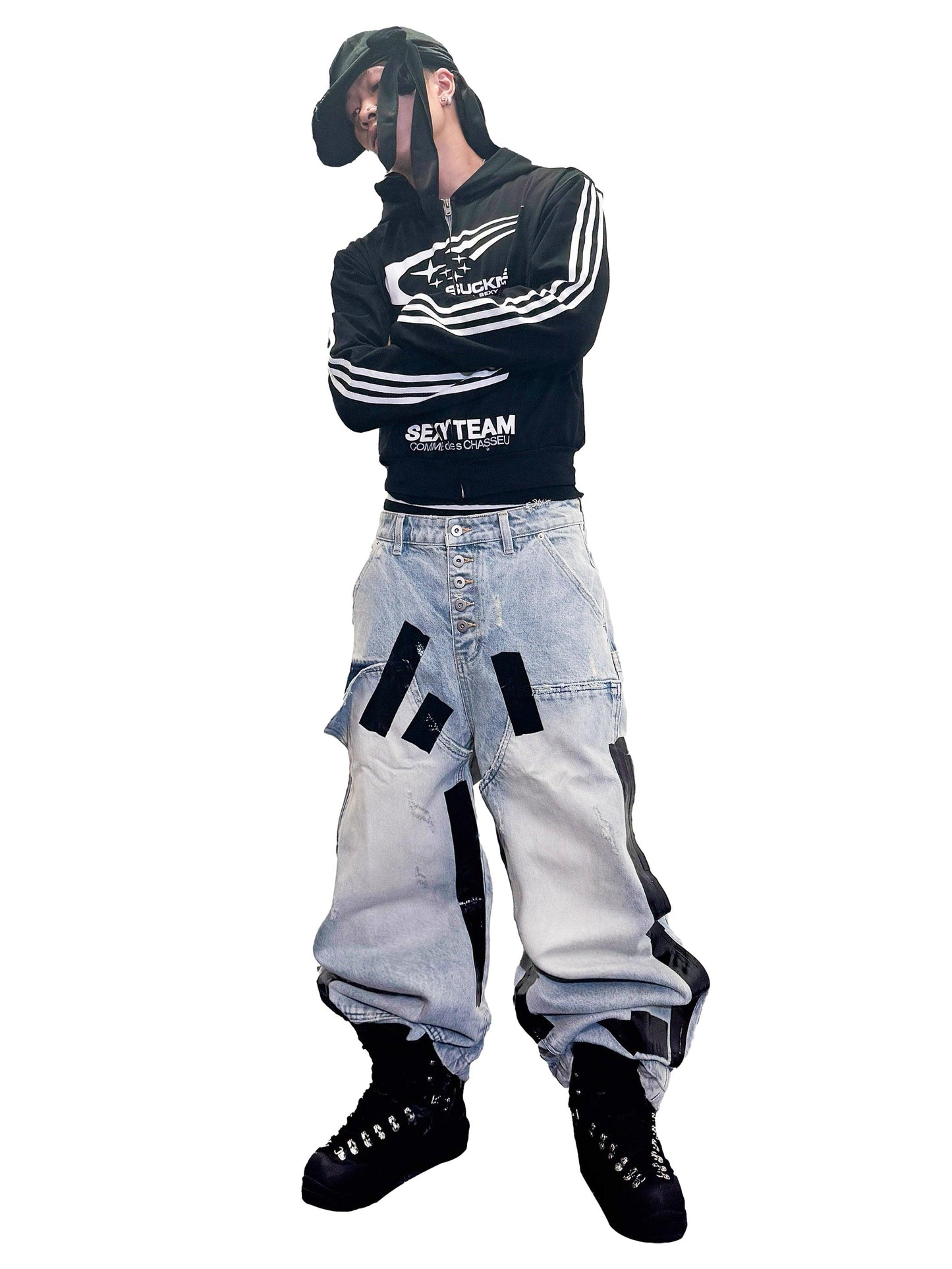 *RYE CHASIN *Heavily distressed, duct-taped washed denim jeans