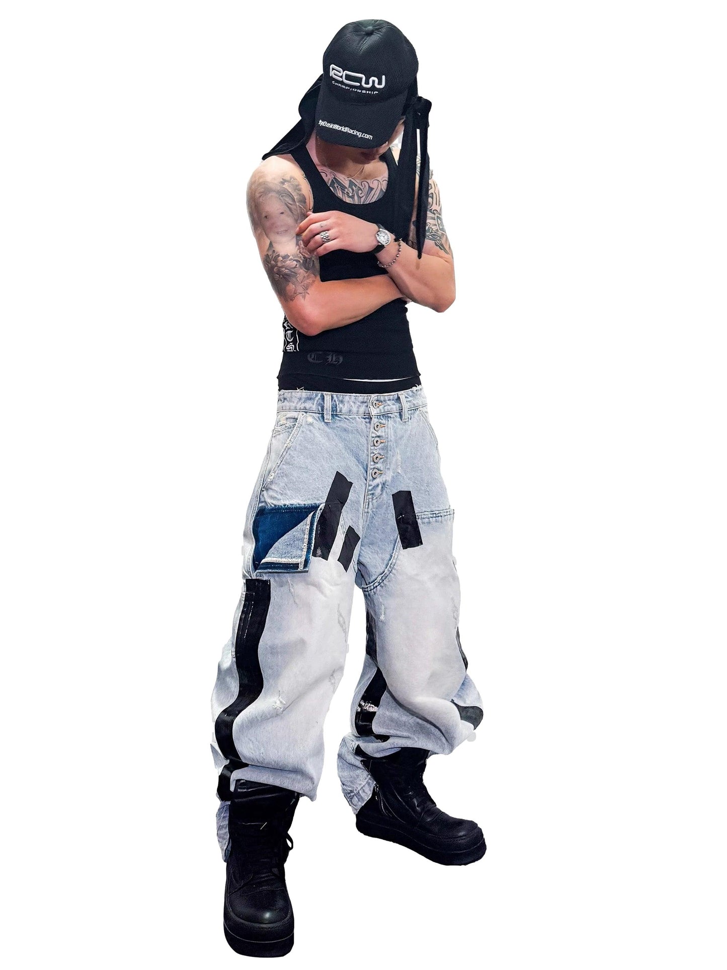 *RYE CHASIN *Heavily distressed, duct-taped washed denim jeans