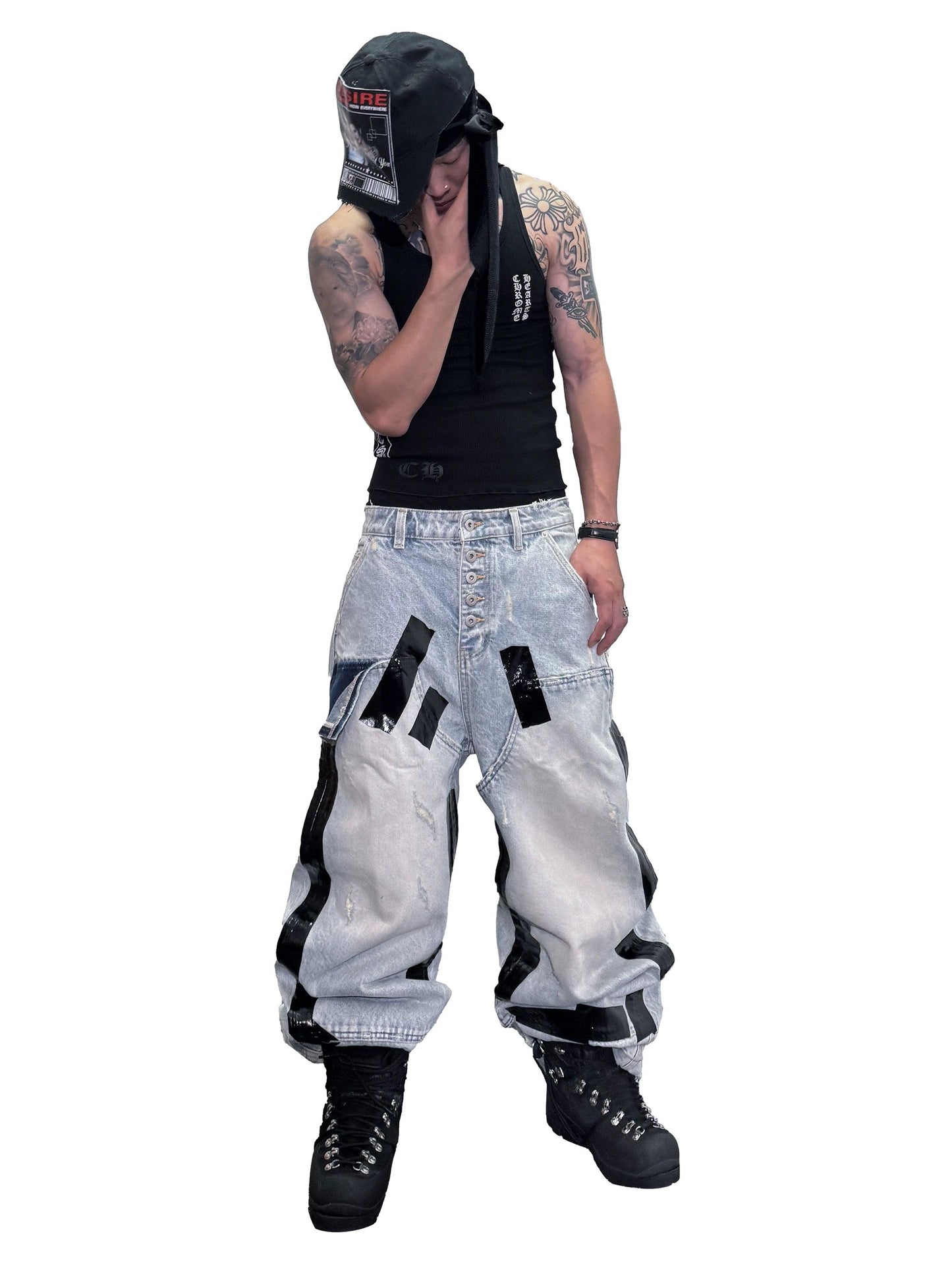*RYE CHASIN *Heavily distressed, duct-taped washed denim jeans