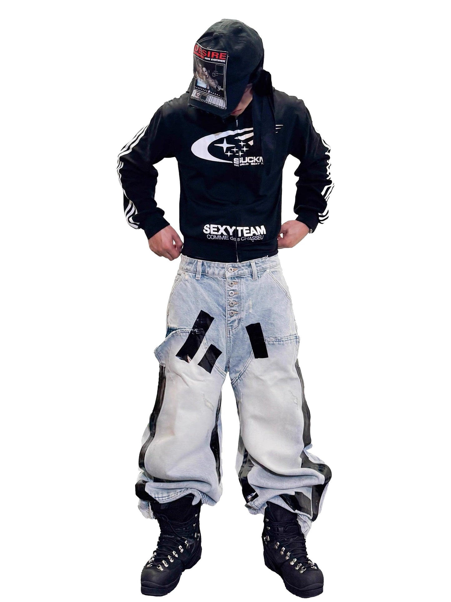 *RYE CHASIN *Heavily distressed, duct-taped washed denim jeans