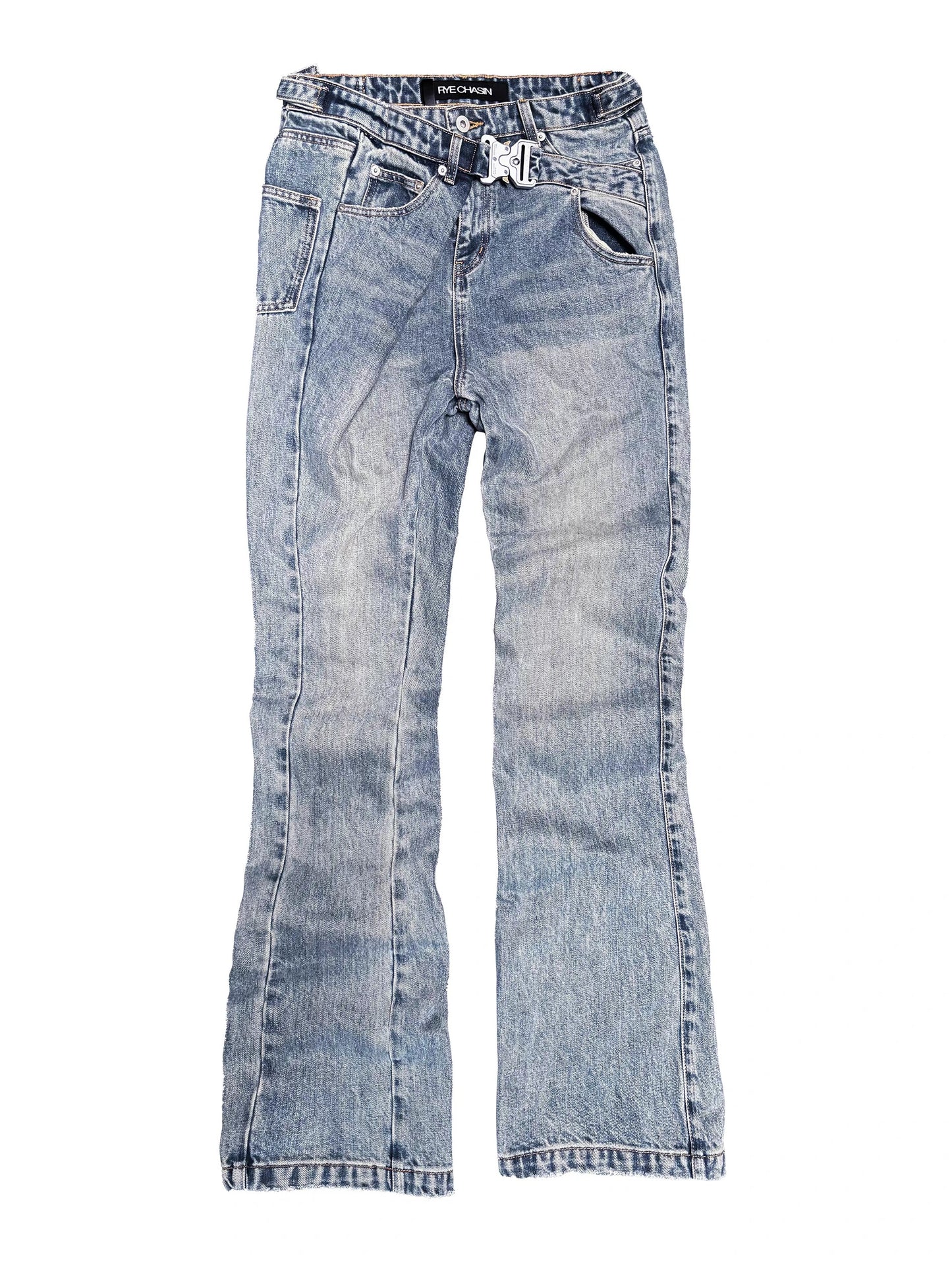 *RYECHASIN BULE FLARED BUCKLE JEAN