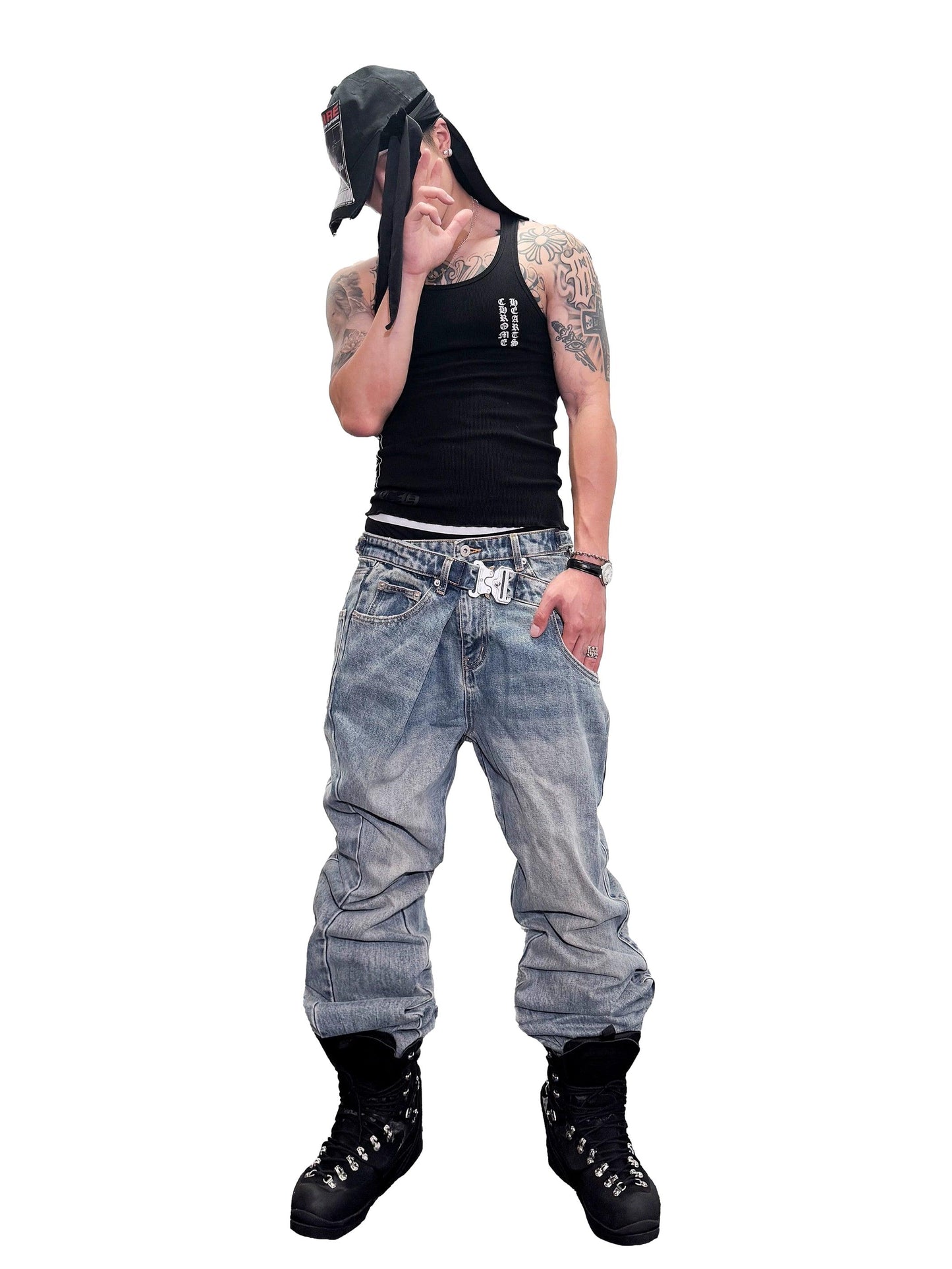 *RYECHASIN BULE FLARED BUCKLE JEAN