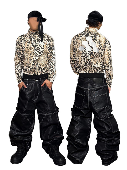 *RYE CHASIN *Leopard Print Sports Bootleg Sweatshirt Jacket