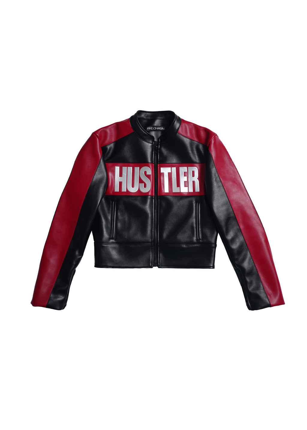 *RYE CHASIN *HUSTLER BLACK/RED SILVER-FOIL CROPPED PADDED RACING JACKET