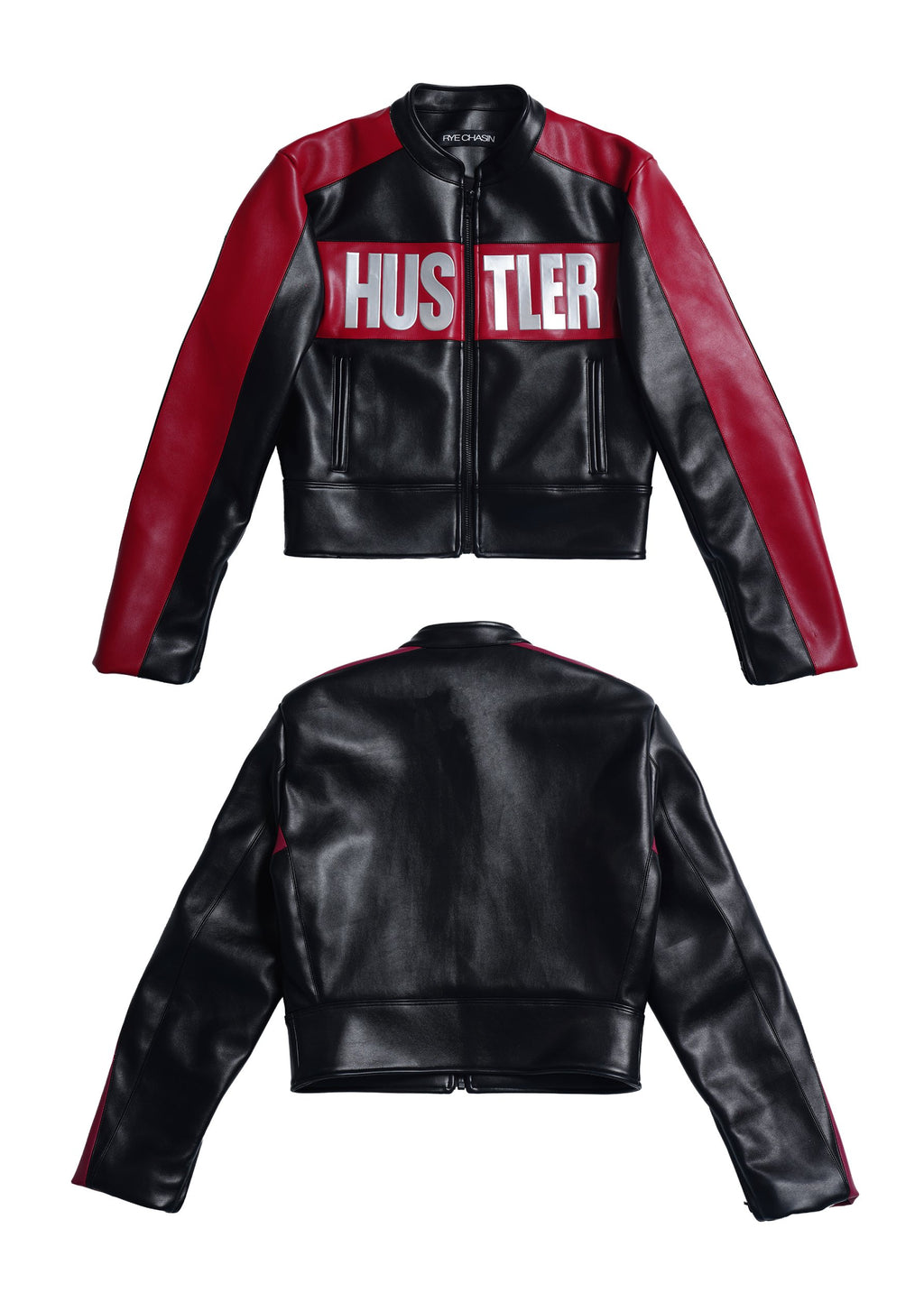 *RYE CHASIN *HUSTLER BLACK/RED SILVER-FOIL CROPPED PADDED RACING JACKET
