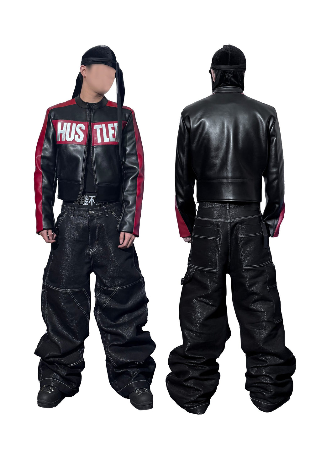 *RYE CHASIN *HUSTLER BLACK/RED SILVER-FOIL CROPPED PADDED RACING JACKET