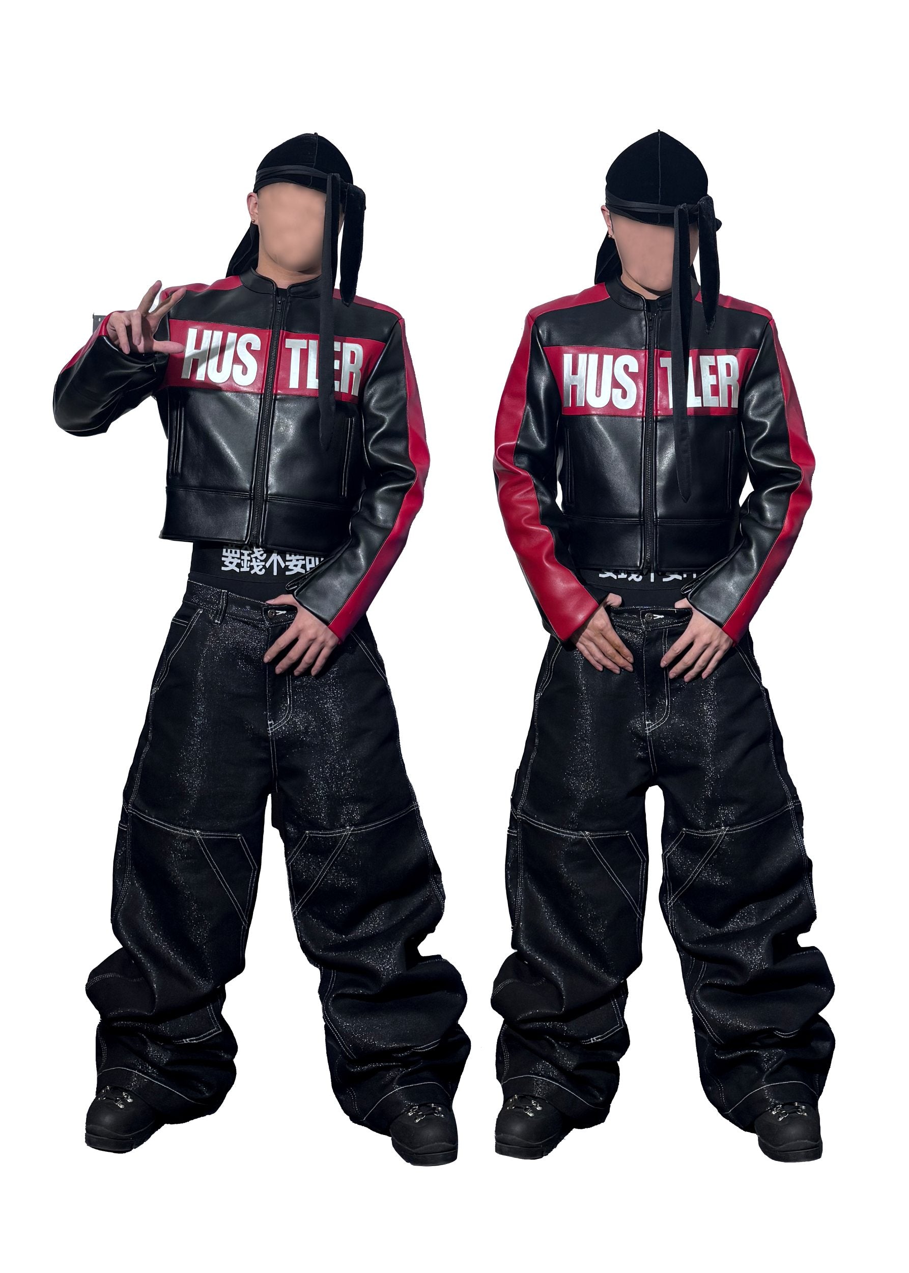 *RYE CHASIN *HUSTLER BLACK/RED SILVER-FOIL CROPPED PADDED RACING JACKET